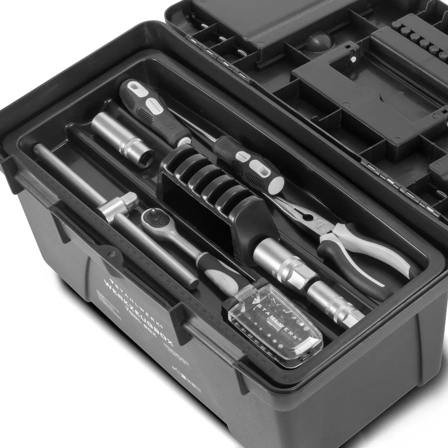 STAHLWERK Werkzeugkoffer Set: 5 leere Boxen mit Werkzeugen wie Schraubendreher und Zange.