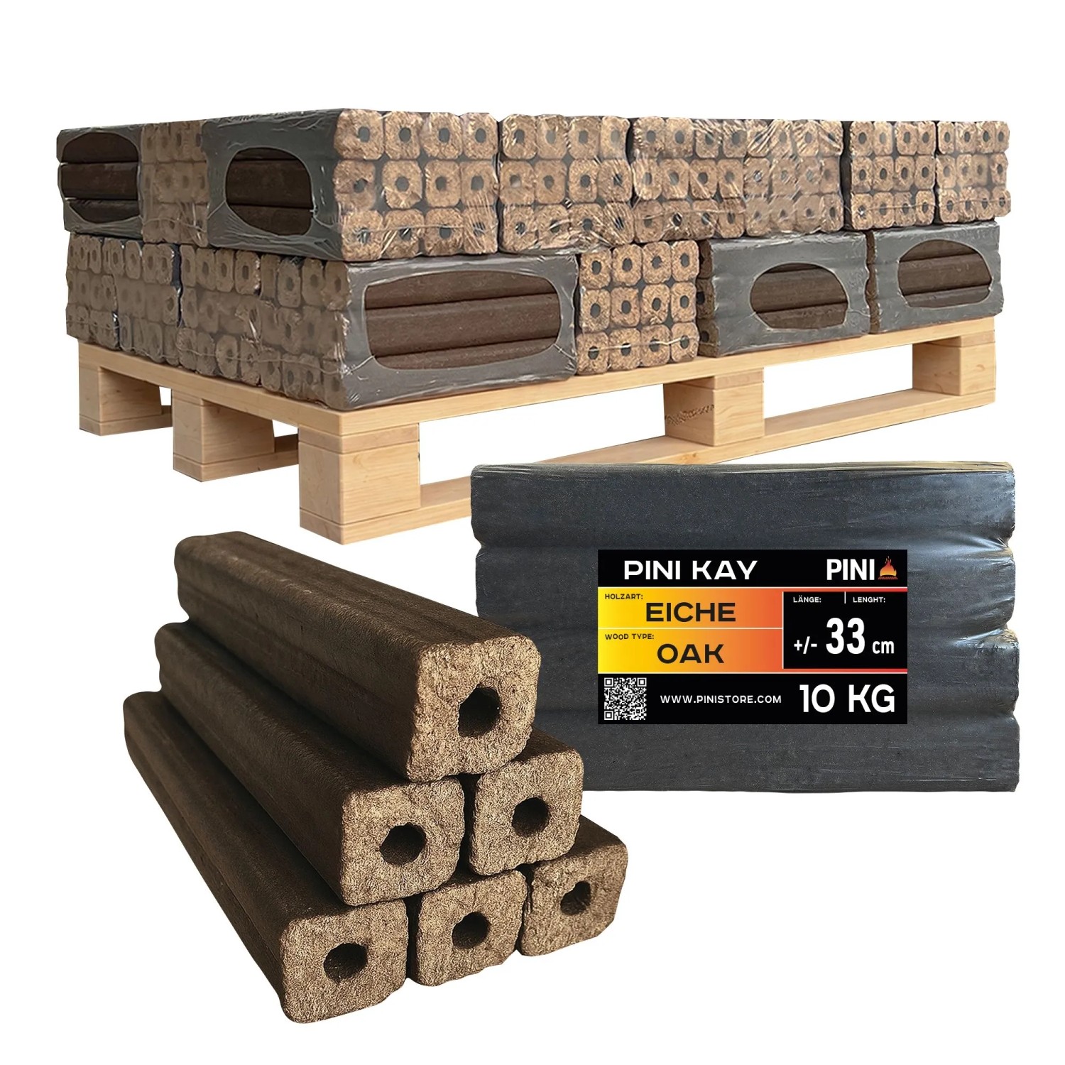 PINI Kay Eichenholzbriketts 33 cm 300 kg Palette Hartholzbriketts Brennholz Eiche Kamin Ofen
