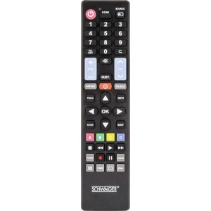 Schwaiger Universal Ersatzfernbedienung für TV-Geräte, schwarze Fernbedienung mit Tasten.