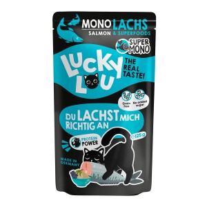 Lucky Lou Katzen-Nassfutter SuperMono Lachs, 125g. Alleinfutter mit Lachs und Superfoods für Katzen.