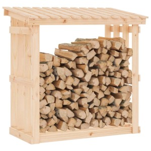 Kaminholzregal aus Kiefernholz, gefüllt mit Holzscheiten. Zubehör für Kamine & Öfen.