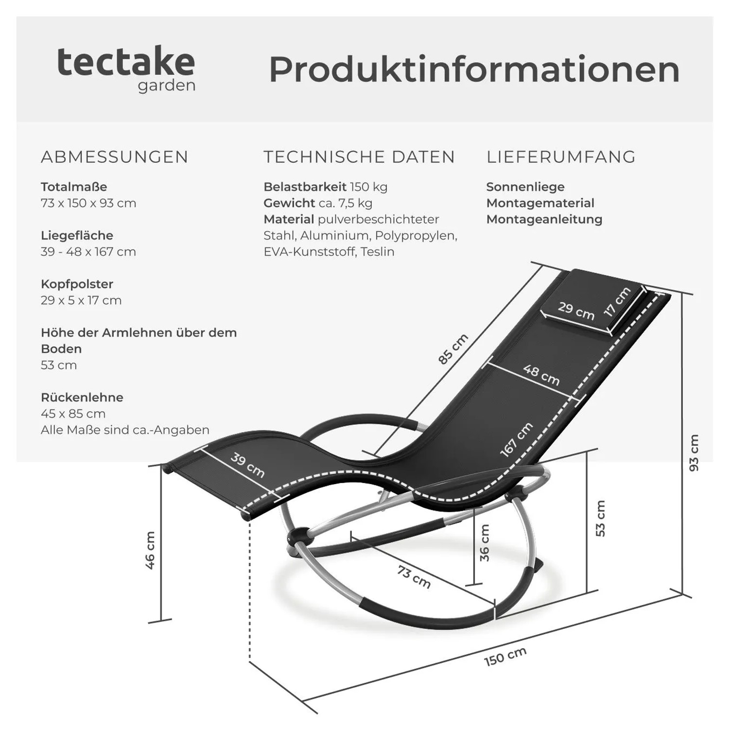 Abbildung der Tectake Sonnenliege Paulina, ergonomisch, atmungsaktiv und faltbar in Schwarz mit Maßangaben.