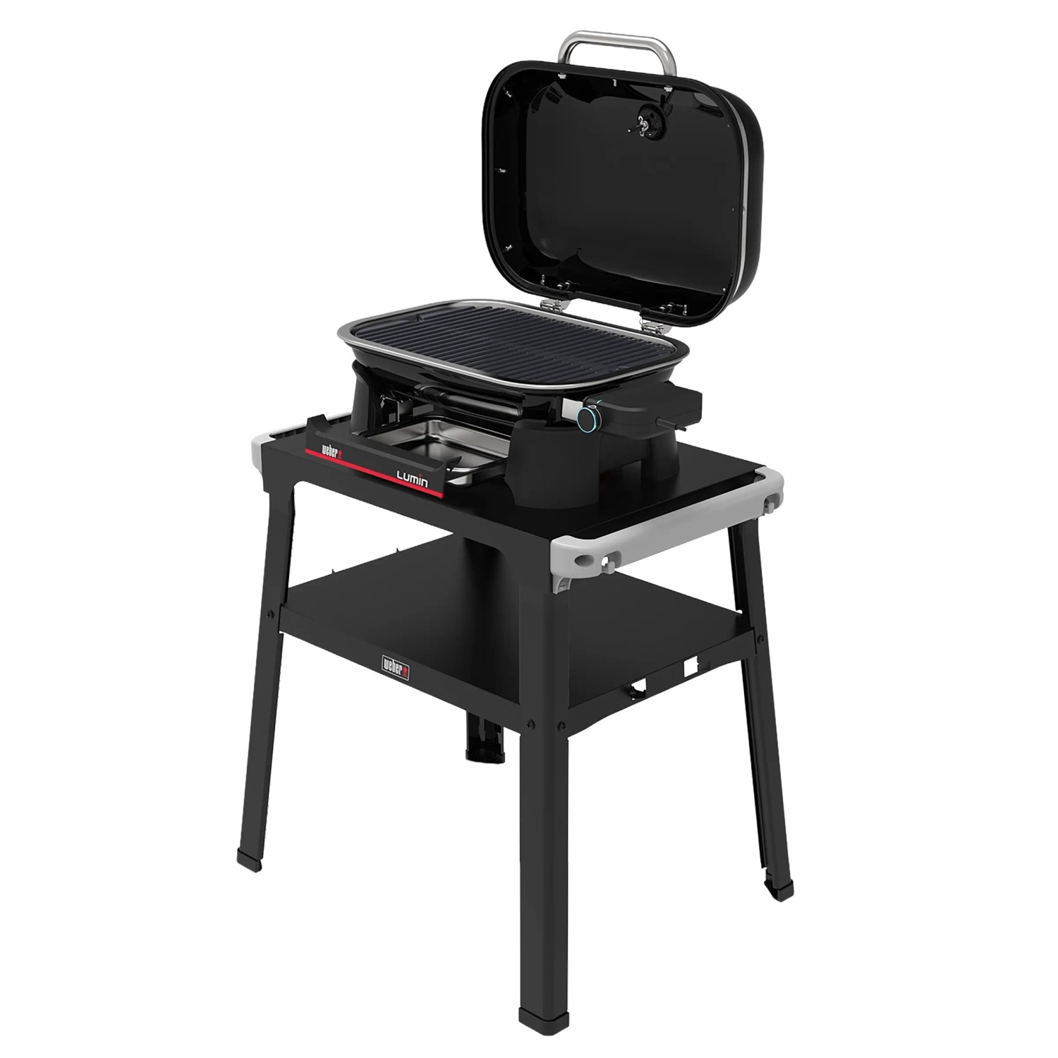 Weber Lumin Compact Elektrogrill mit Stand, schwarz, mit geöffnetem Deckel und Grillrost.