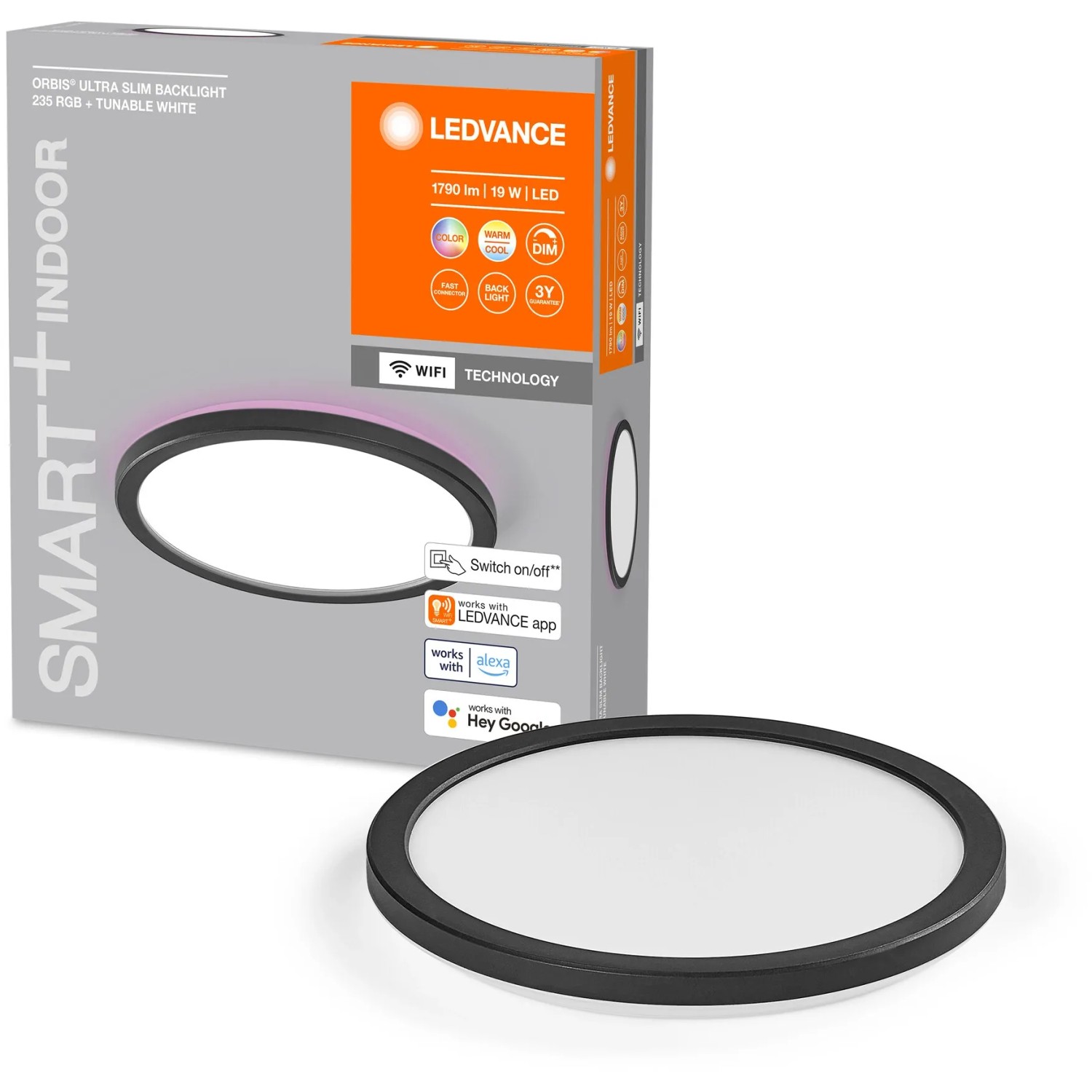 Ledvance Smart+ LED-Deckenleuchte Orbis Ultra Slim, schwarze runde Deckenlampe mit Haupt- und Rücklicht.