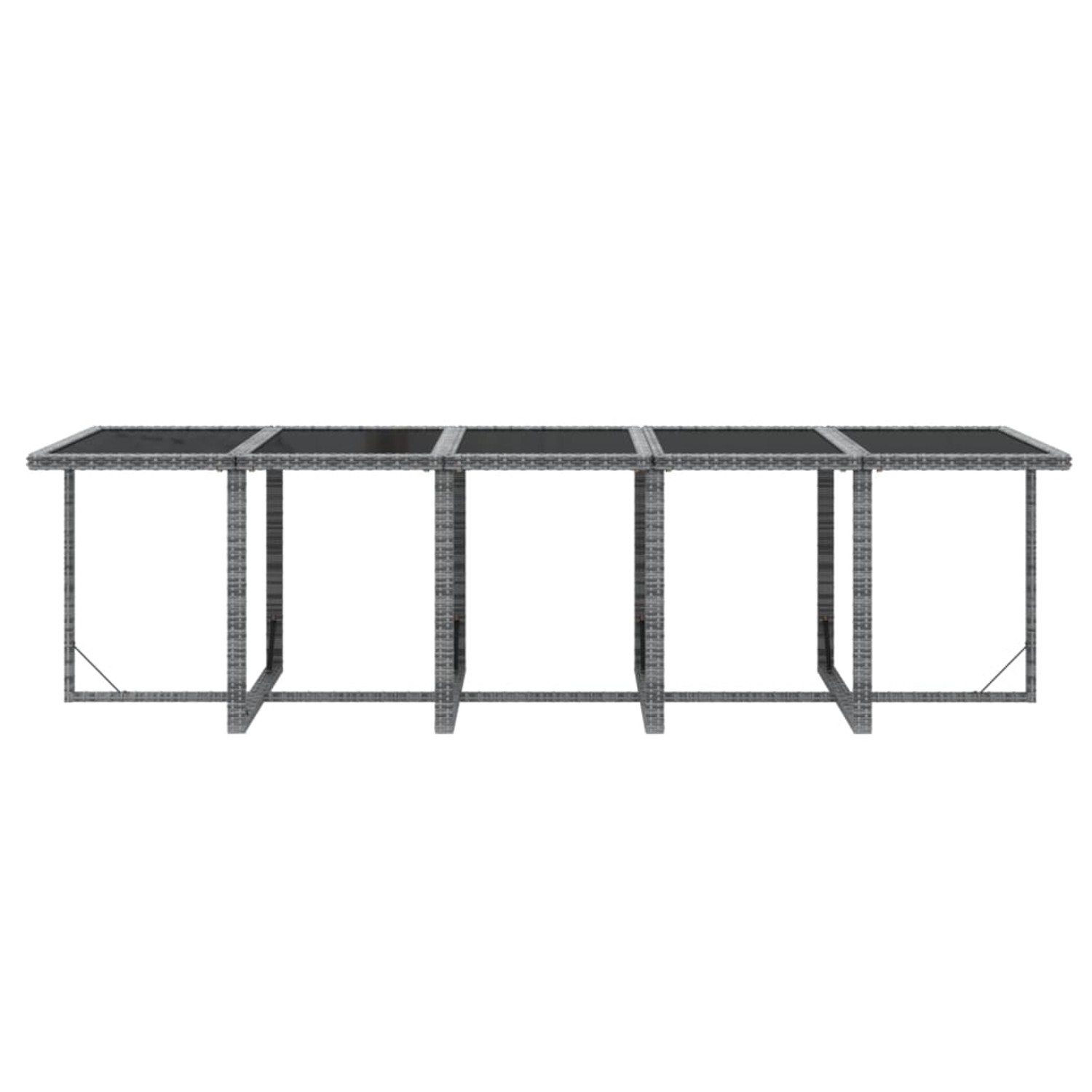 Graue vidaXL Garten-Essgruppe (15-tlg.) aus Polyrattan mit Tisch, Stühlen, Hockern und Kissen.