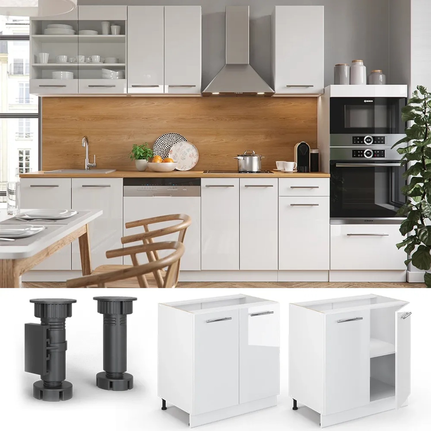 Vicco Spülenunterschrank Fame-Line, weiß hochglanz, 80 cm breit, mit Regal, ohne Arbeitsplatte.