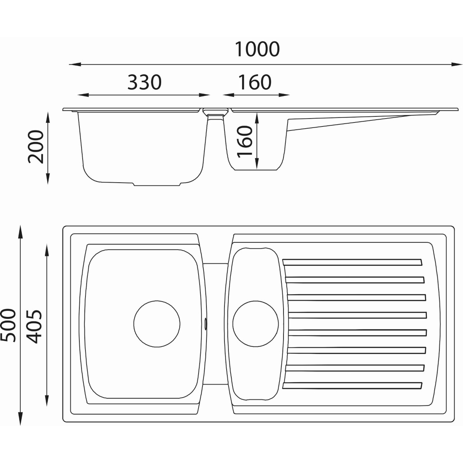 Technische Zeichnung der schwarzen Respekta Mineralite Boston Einbauspüle mit Restebecken, Maße.