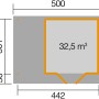Grundriss Weka Holz-Gartenhaus Flachdach, 442x375 cm, lasiert. Maße und Raumaufteilung des Gartenhauses.
