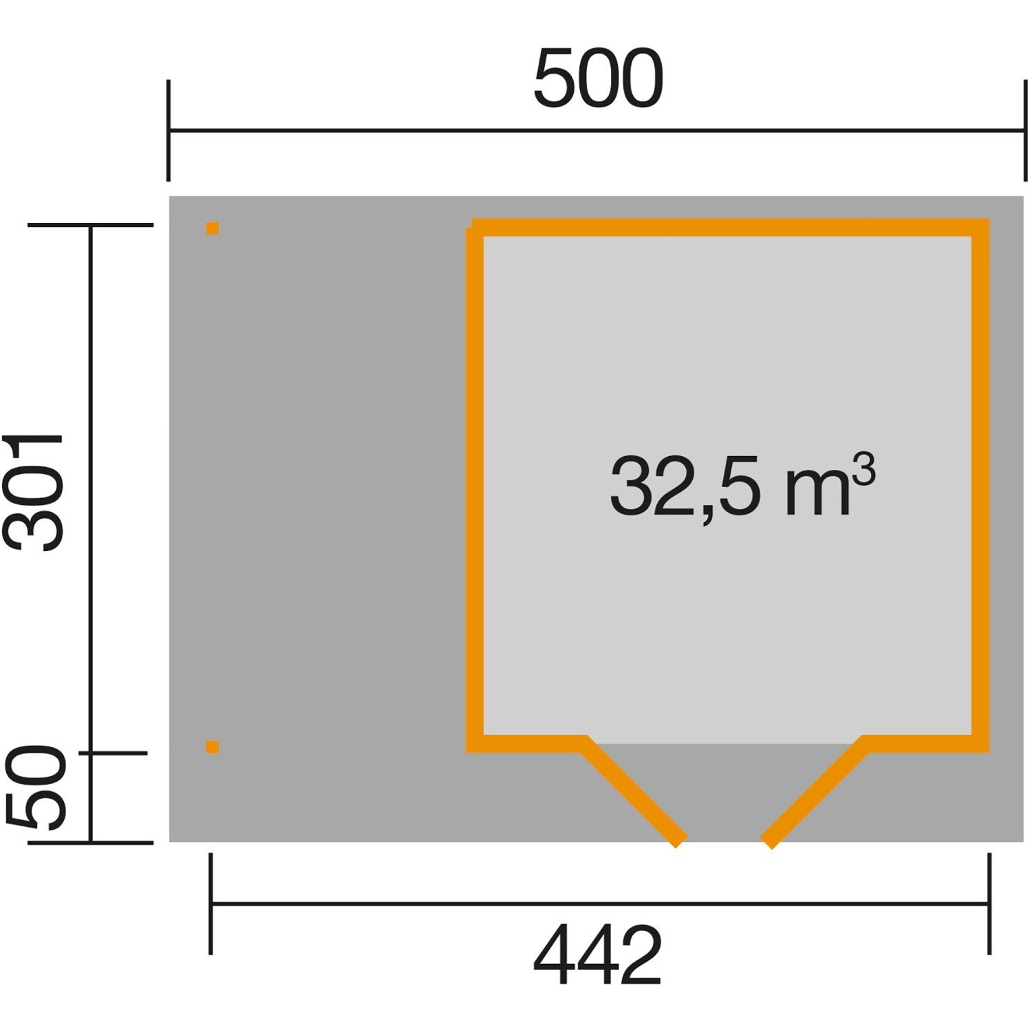 Grundriss Weka Holz-Gartenhaus Flachdach, 442x375 cm, lasiert. Maße und Raumaufteilung des Gartenhauses.