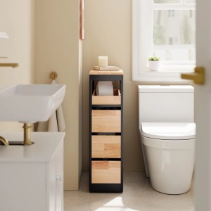 SoBuy schmaler Badschrank BZR54-II-SCH mit 3 Schubladen, Rollen, schwarz und Holzoptik.