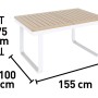 Detailansicht Esstisch der 7-teiligen Esstischgruppe Butterfield mit Maßen. Tischplatte in Holzoptik, Gestell weiß.