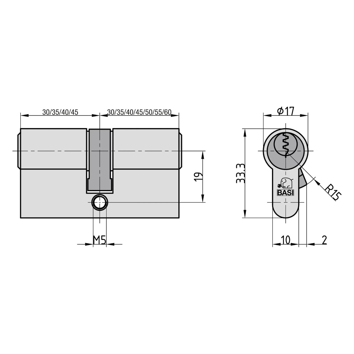 Technische Zeichnung Basi V50 Profilzylinder 30/30 mm, verschiedenschließend, Maße und Details.