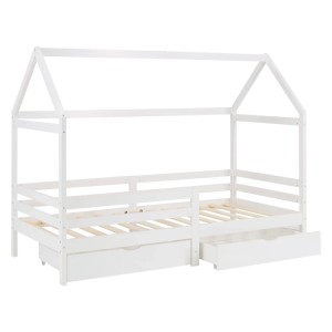 Weißes Kinder-Hausbett 90x200 cm aus Kiefernholz mit Lattenrost und zwei Bettkästen.