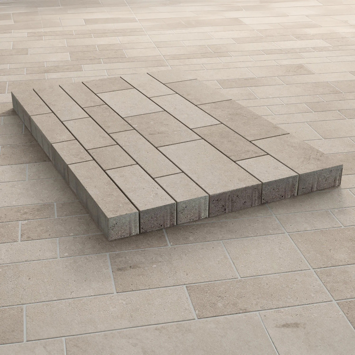 Kann Mehrformat-Pflaster Parchetto Beton Cappuccino, verschiedene Formate für moderne Flächengestaltung.