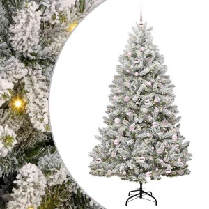 Künstlicher, grün-weißer Weihnachtsbaum (210 cm) mit Schnee, Kugeln und LED-Lichtern.