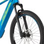 Detailaufnahme des blauen Fischer E-Bike Montis 6.0i mit Federgabel und Scheibenbremse.