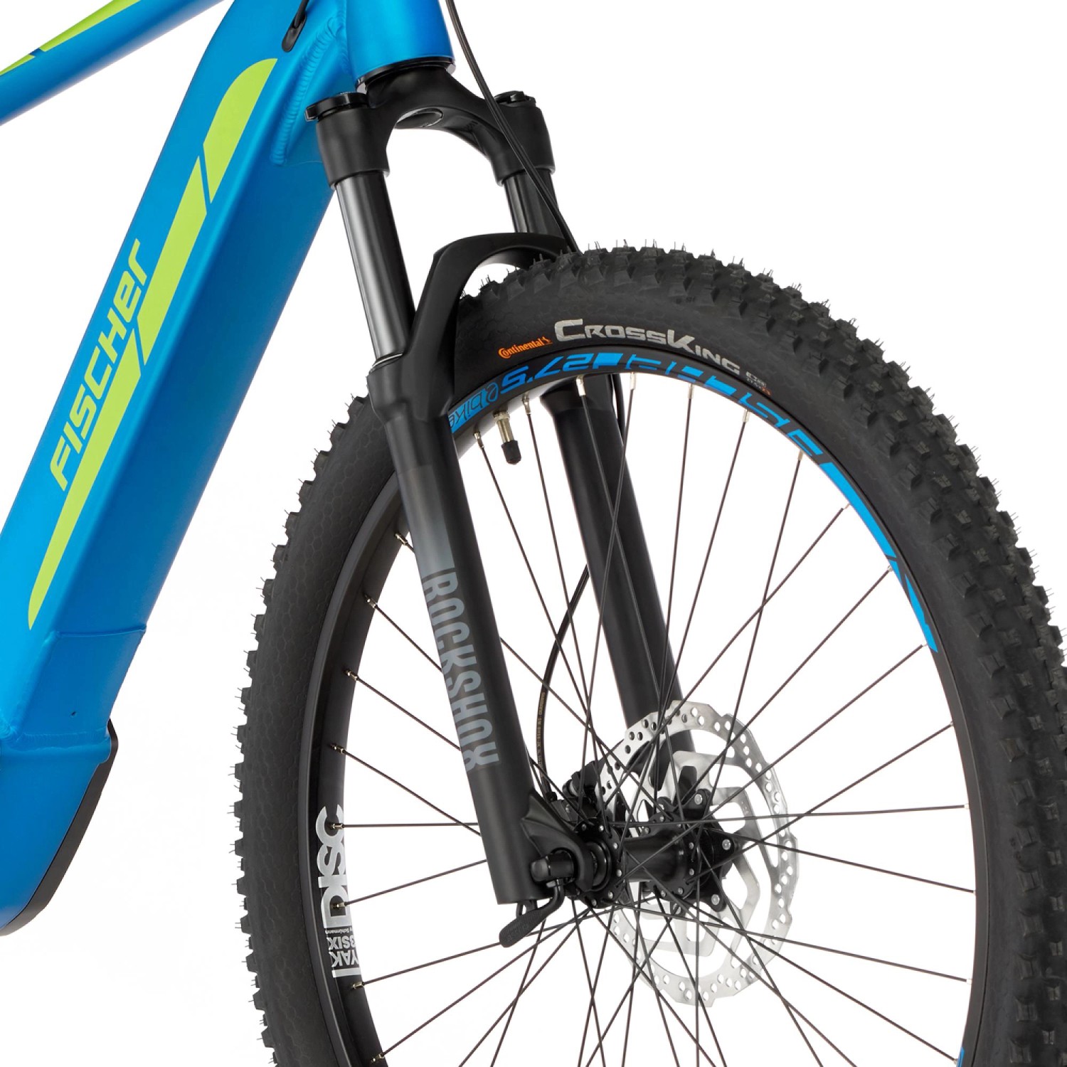 Detailaufnahme des blauen Fischer E-Bike Montis 6.0i mit Federgabel und Scheibenbremse.