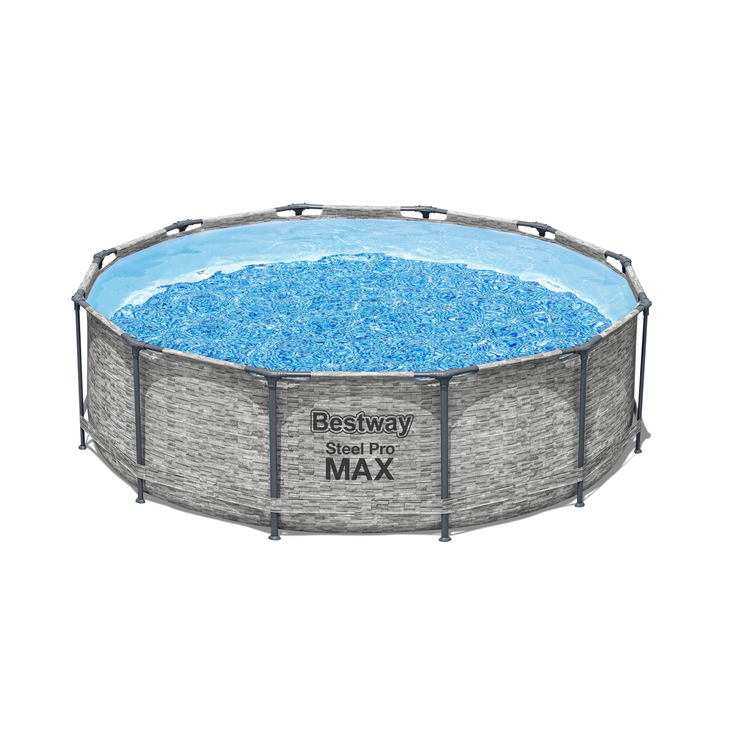 Bestway Stahlrahmenpool Steel Pro MAX, Ø 366 cm, grau, mit Wasser gefüllt.