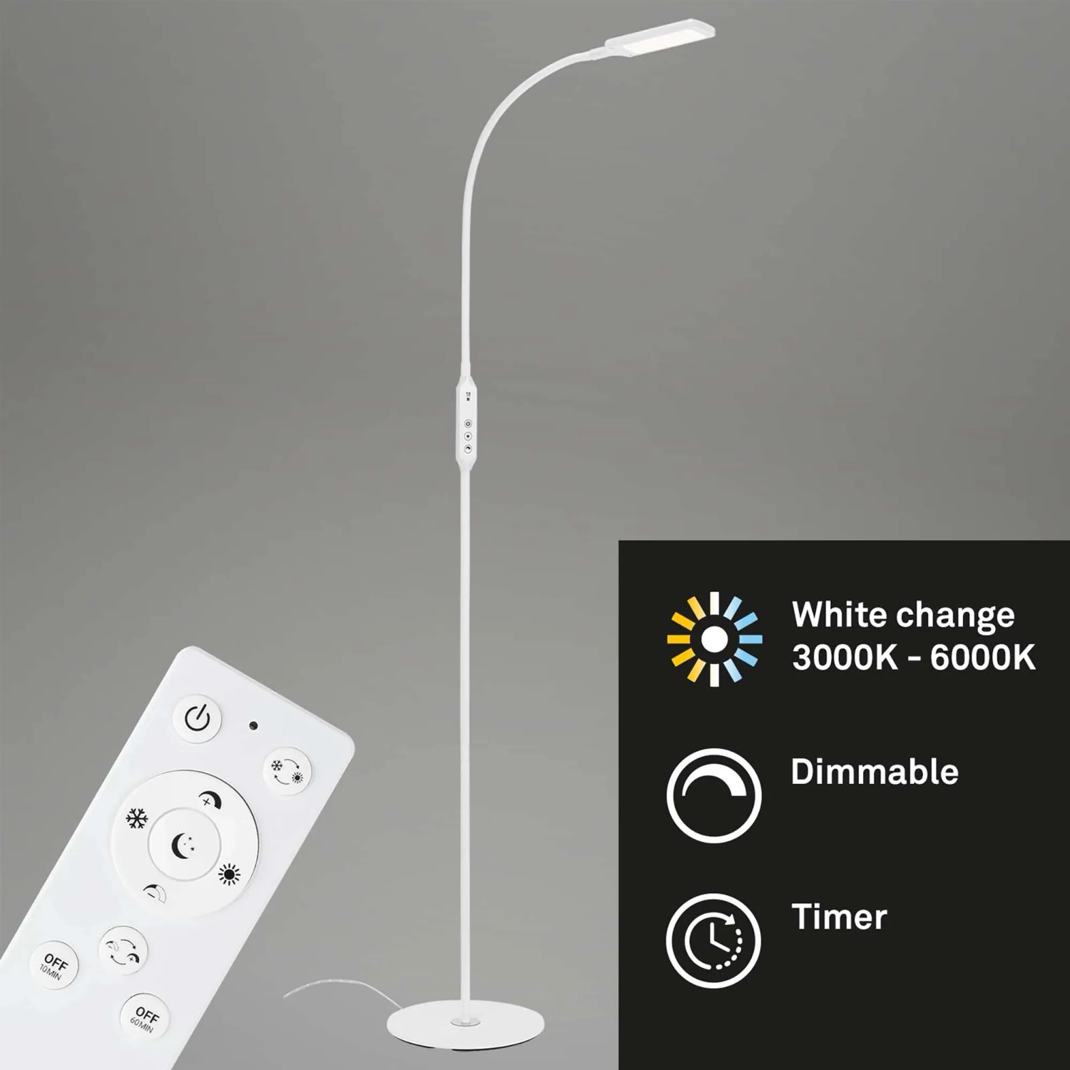 Weiße, dimmbare Brilo LED Stehleuchte Office mit Fernbedienung und Touch-Funktion.