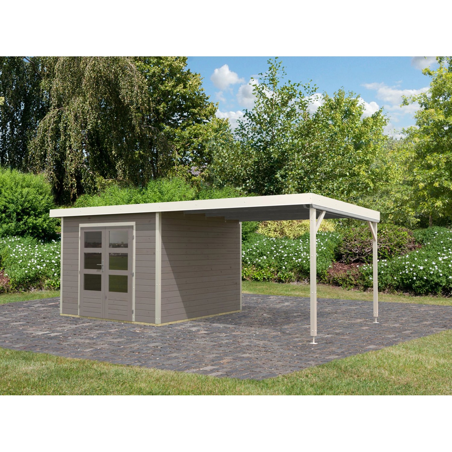 Karibu Gartenhaus Set Domingo D Wassergrau-Weiß mit Anbaudach 7 m² günstig online kaufen