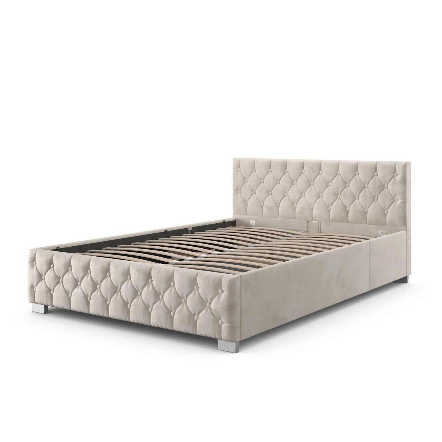Beiges Polsterbett Nizza 140x200 mit Chesterfield-Steppung, Bettkasten und LED-Beleuchtung.