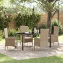 Beige 5-tlg. Garten Essgruppe aus Poly Rattan mit Tisch und Stühlen mit Kissen.