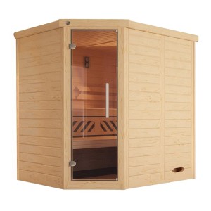 Weka Massivholzsauna Kemi Eck mit Glastür, Fichte natur, zwei Liegen. Elementsauna für entspannte Stunden.