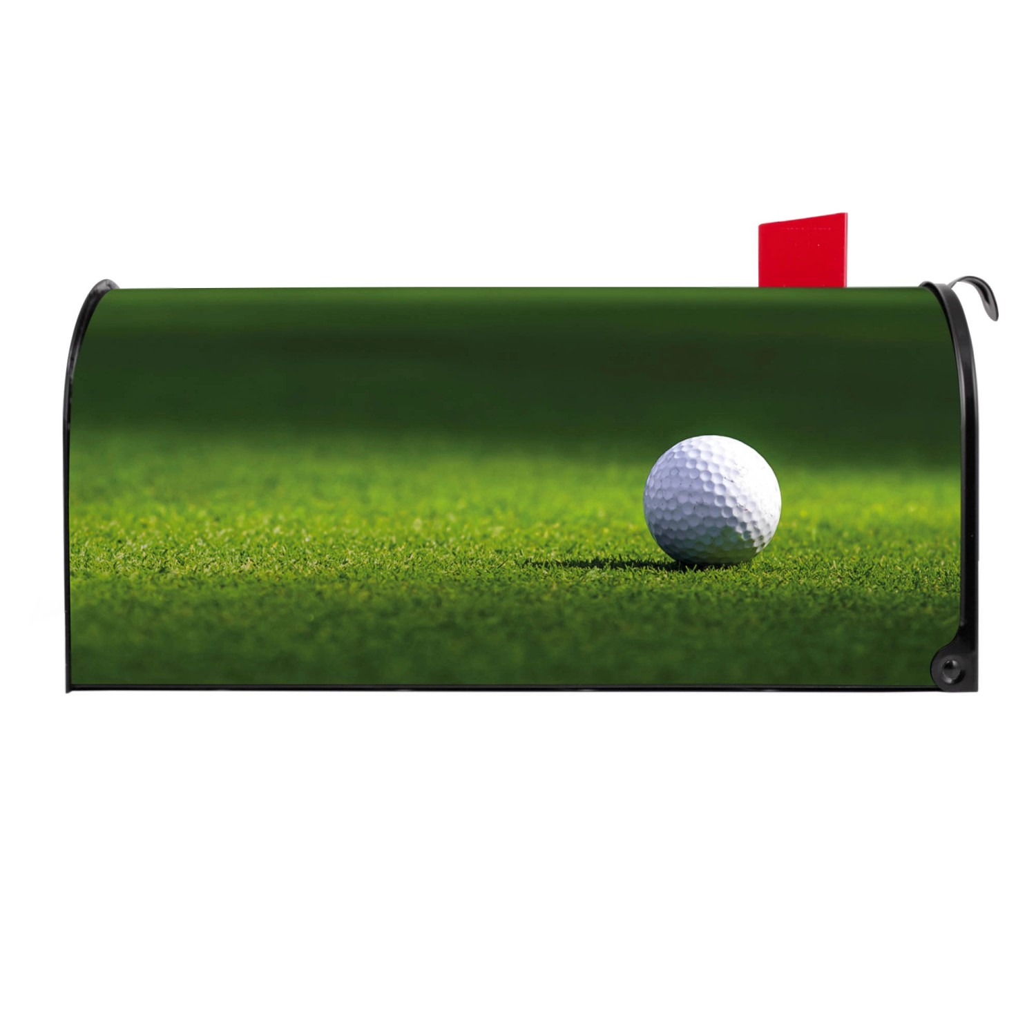 Schwarzer Banjado US Briefkasten mit Golfball Motiv und roter Fahne.