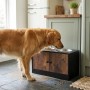 Golden Retriever trinkt aus erhöhter Hundefutterstation Industrial-Schwarz mit 2 Edelstahlnäpfen und Schrankfach.