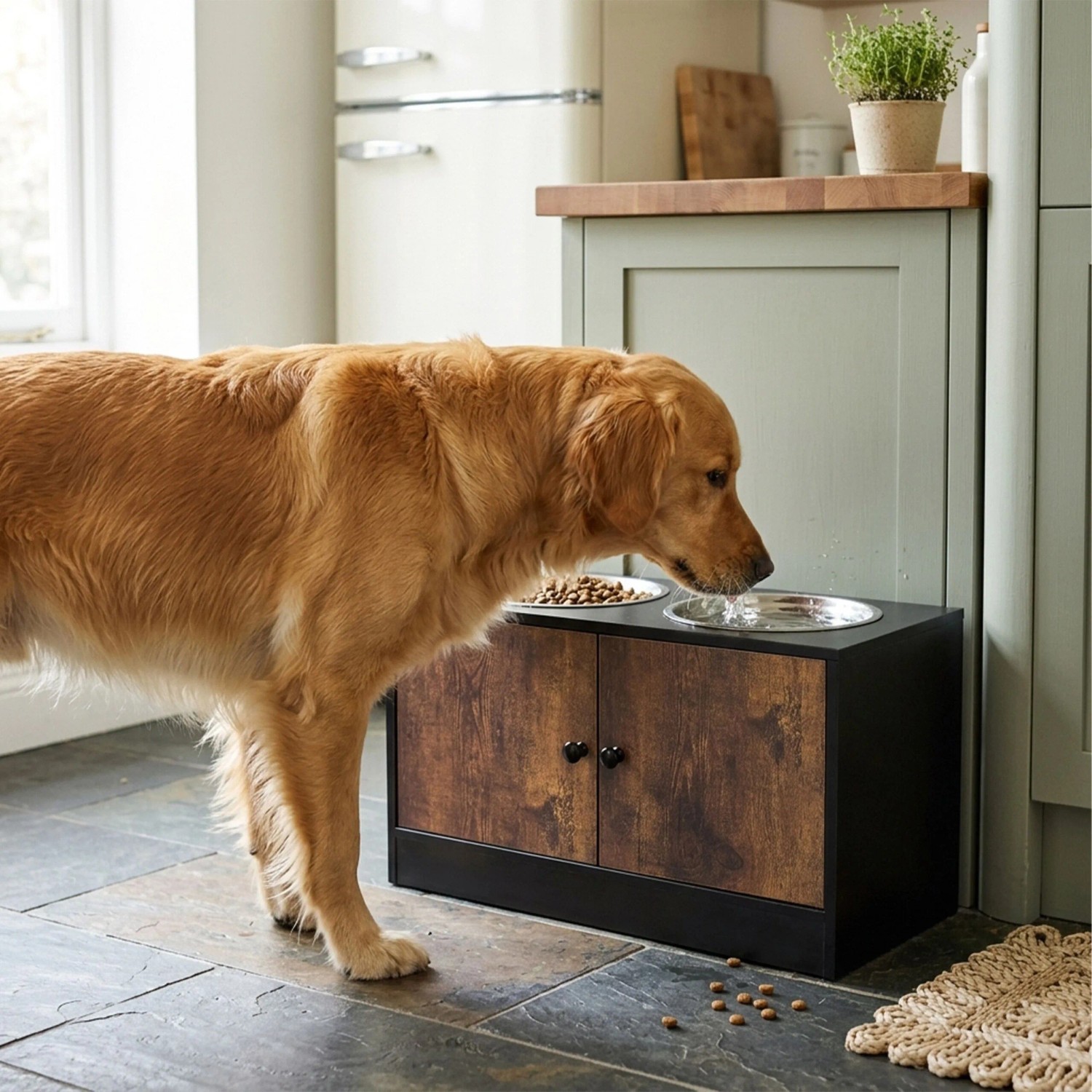 Golden Retriever trinkt aus erhöhter Hundefutterstation Industrial-Schwarz mit 2 Edelstahlnäpfen und Schrankfach.