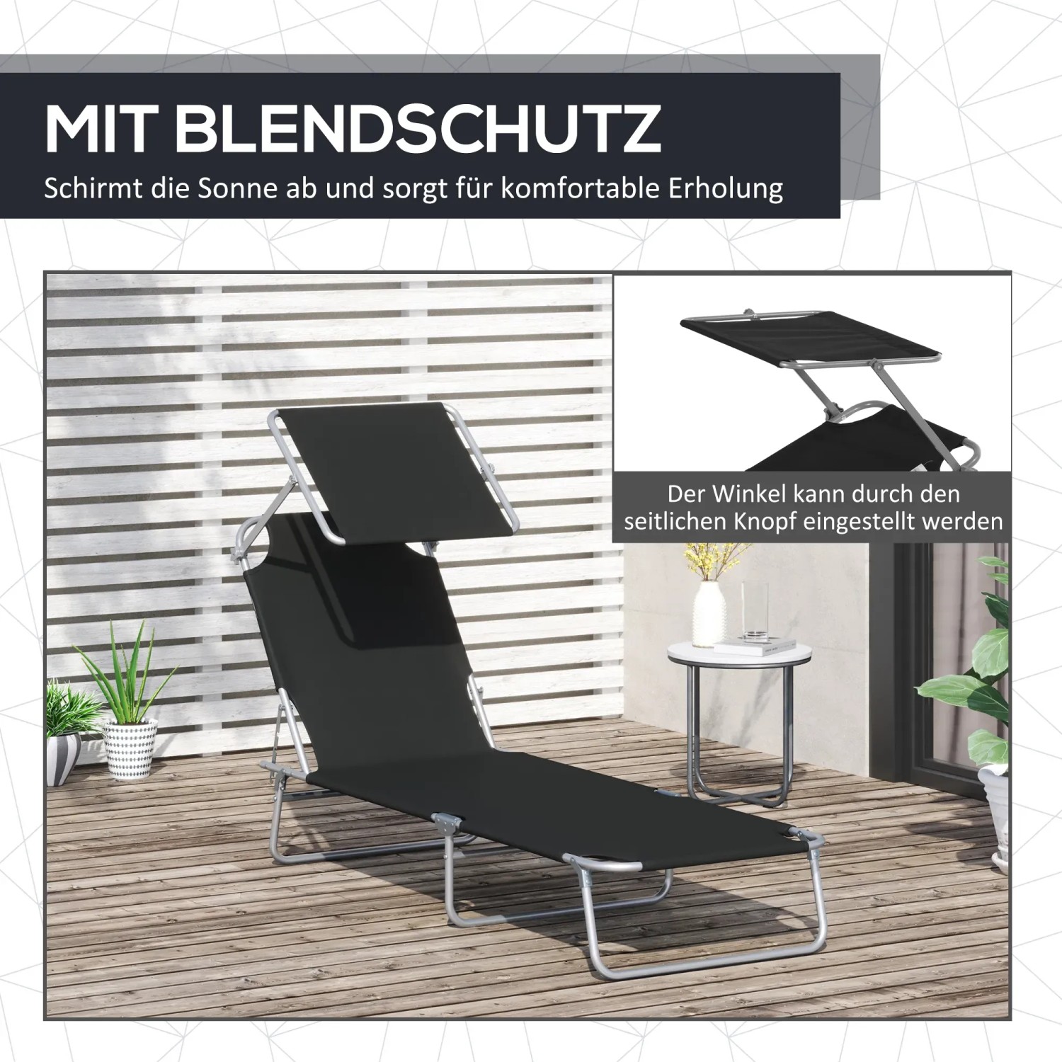 Schwarze Outsunny Sonnenliege mit Dach, klappbar und bis 120 kg belastbar.