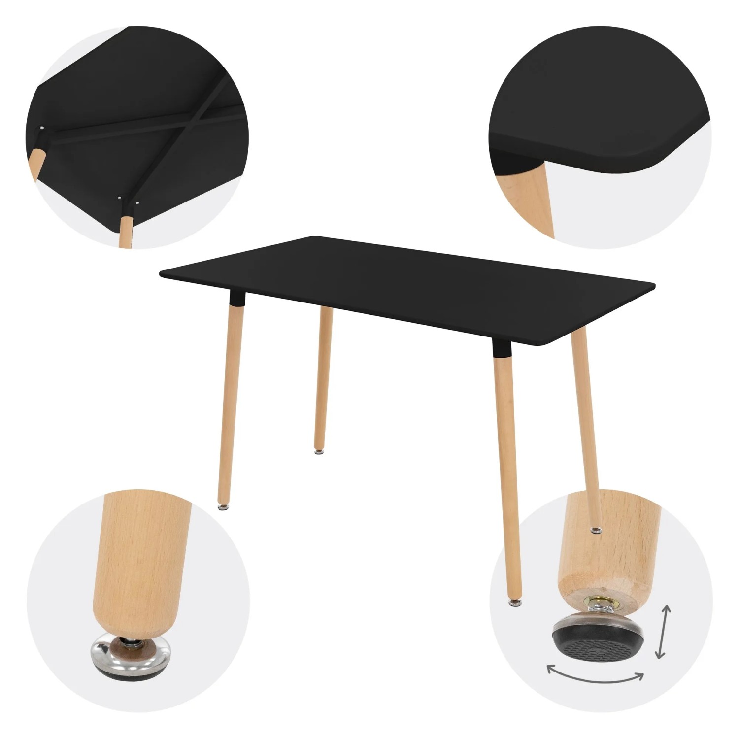 ML-Design Esstisch, schwarz, 120x70 cm, mit Holzbeinen und verstellbaren Füßen.