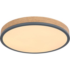Runde LED-Deckenleuchte Doro in Graphit und Holzoptik, 450 mm Durchmesser.