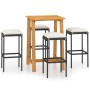 vidaXL Gartenbar-Set, 5-teilig, mit Akazientisch, schwarzen Rattan-Barhockern und cremefarbenen Kissen.
