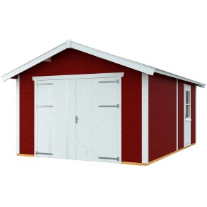 Skan Holz Garage Varberg, 370x525 cm, Schwedenrot. Holzgarage mit Doppeltor und Einzeltür.