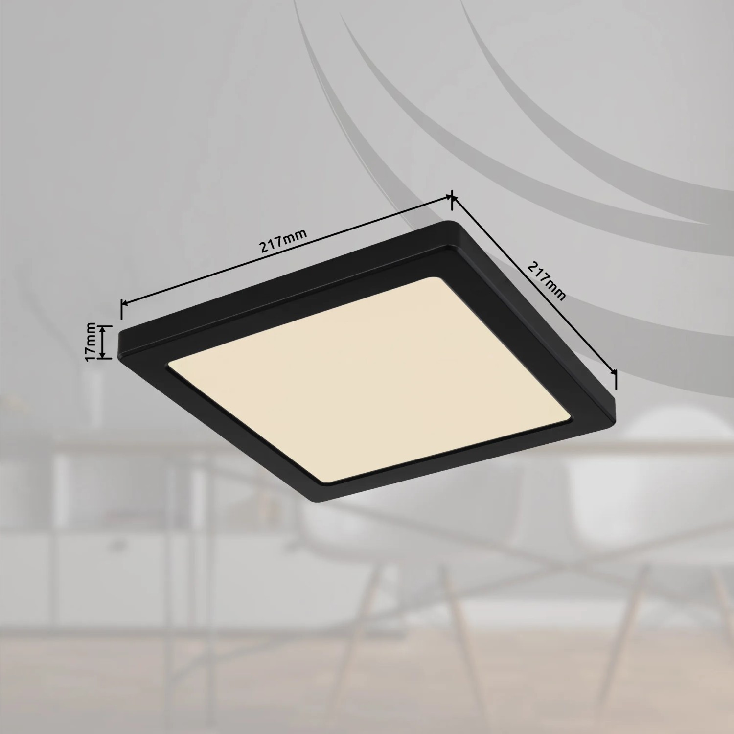 Schwarze, quadratische LED-Deckenleuchte Lasse, 217x217x17 mm, mit einstellbarer Lichtfarbe.
