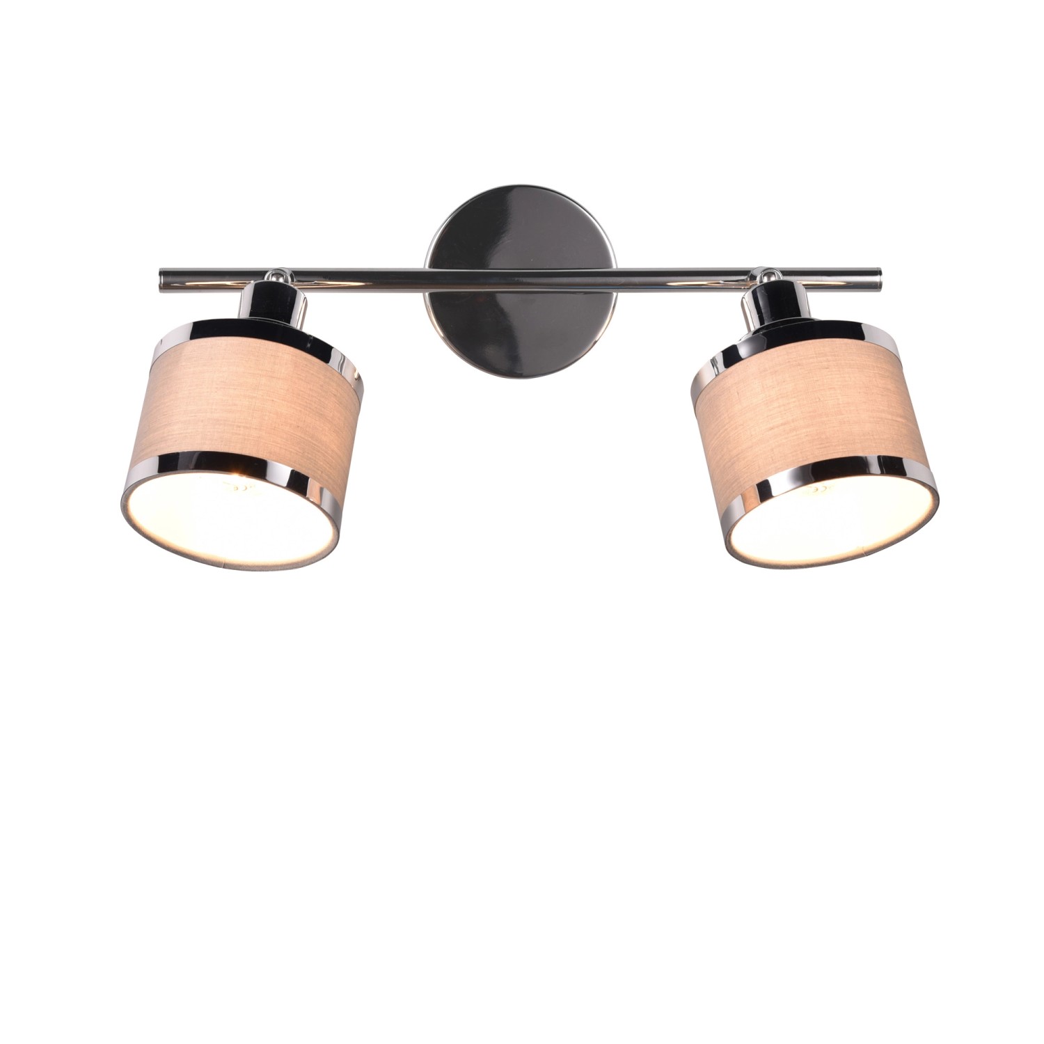 Trio Spot Arosa, 2-flammig, Chrom mit grauen Stoffschirmen. Moderner Deckenstrahler für Wohnräume.
