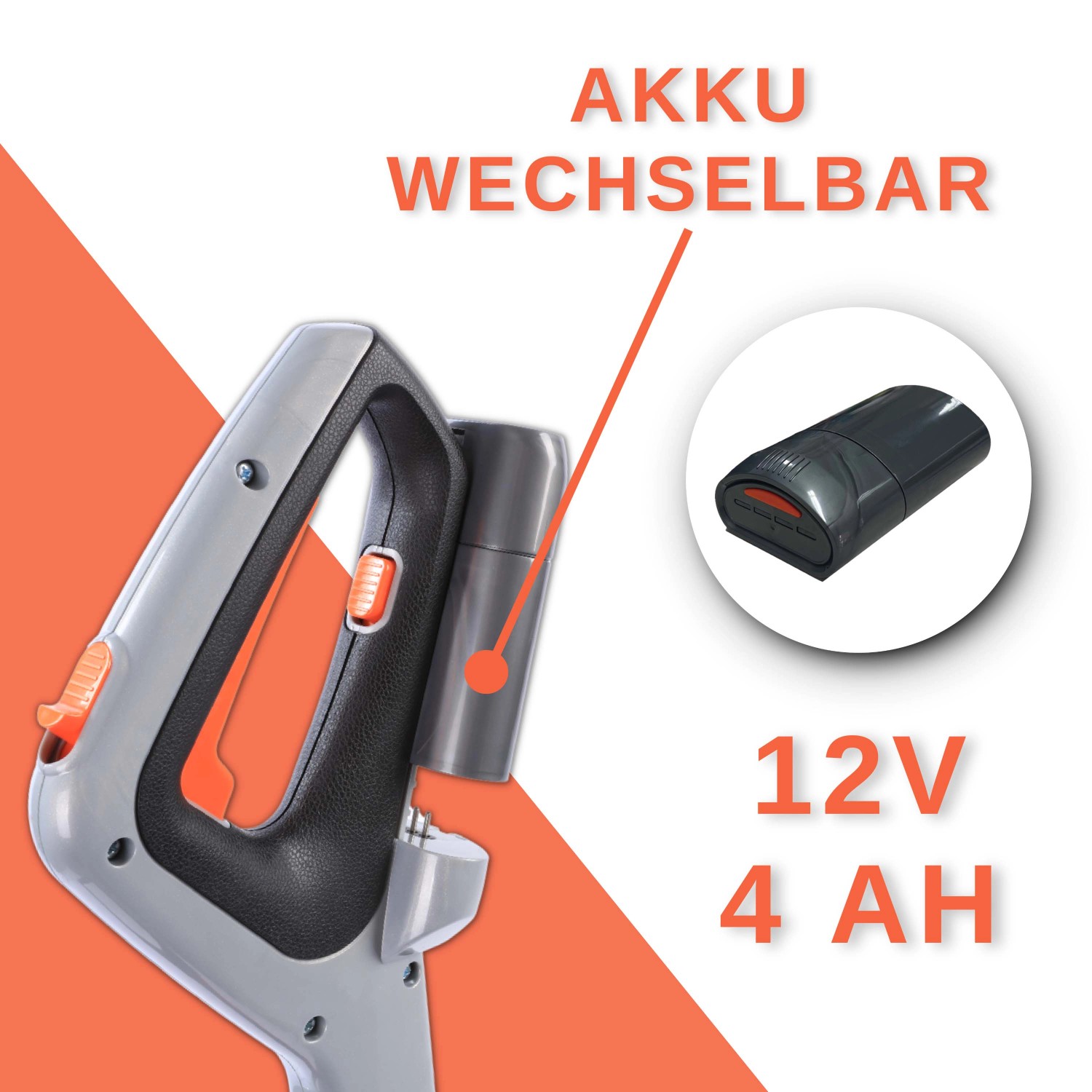 Yard Force Akku-Handmäher iFlex: Detailaufnahme des Akkus und des Handgriffs.