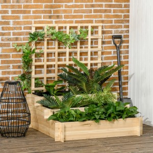 Outsunny Garten-Bett aus Tannenholz mit Rankgitter und drei Ebenen, bepflanzt mit Grünpflanzen.
