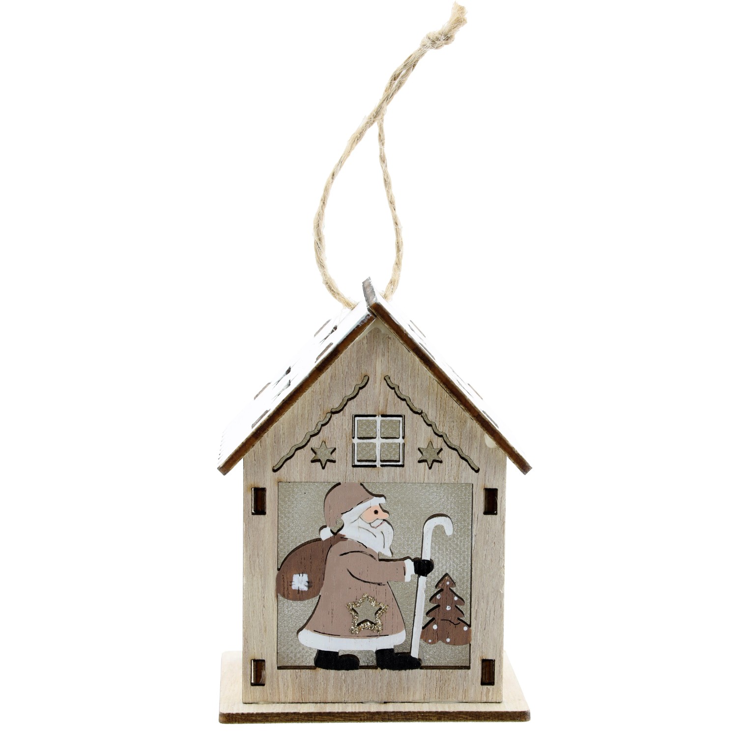 Haus mit Santa mit LED Licht 9,5 cm aus Holz