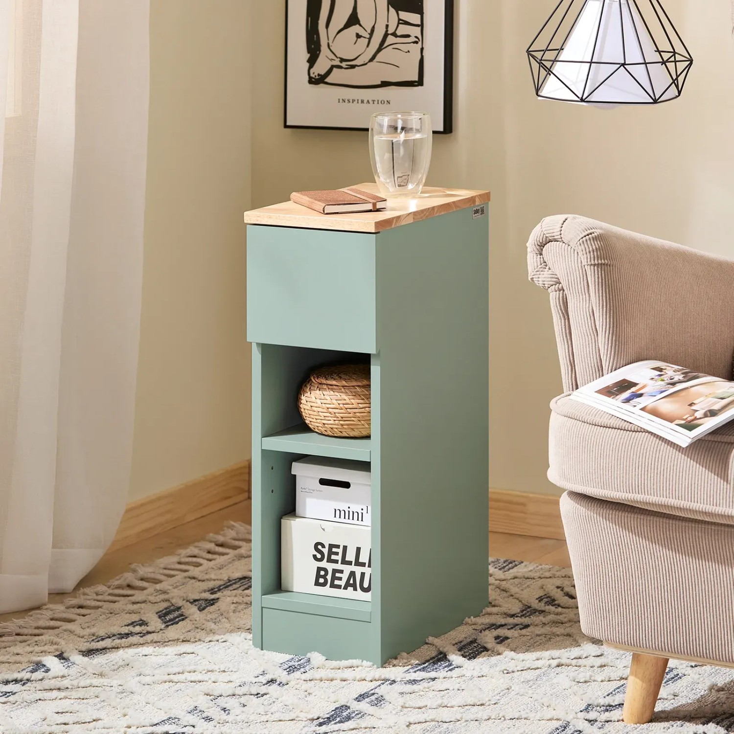 SoBuy Schmaler Beistelltisch Mit Tablett & Schublade – Platzsparend Für Wohnzimmer & Schlafzimmer