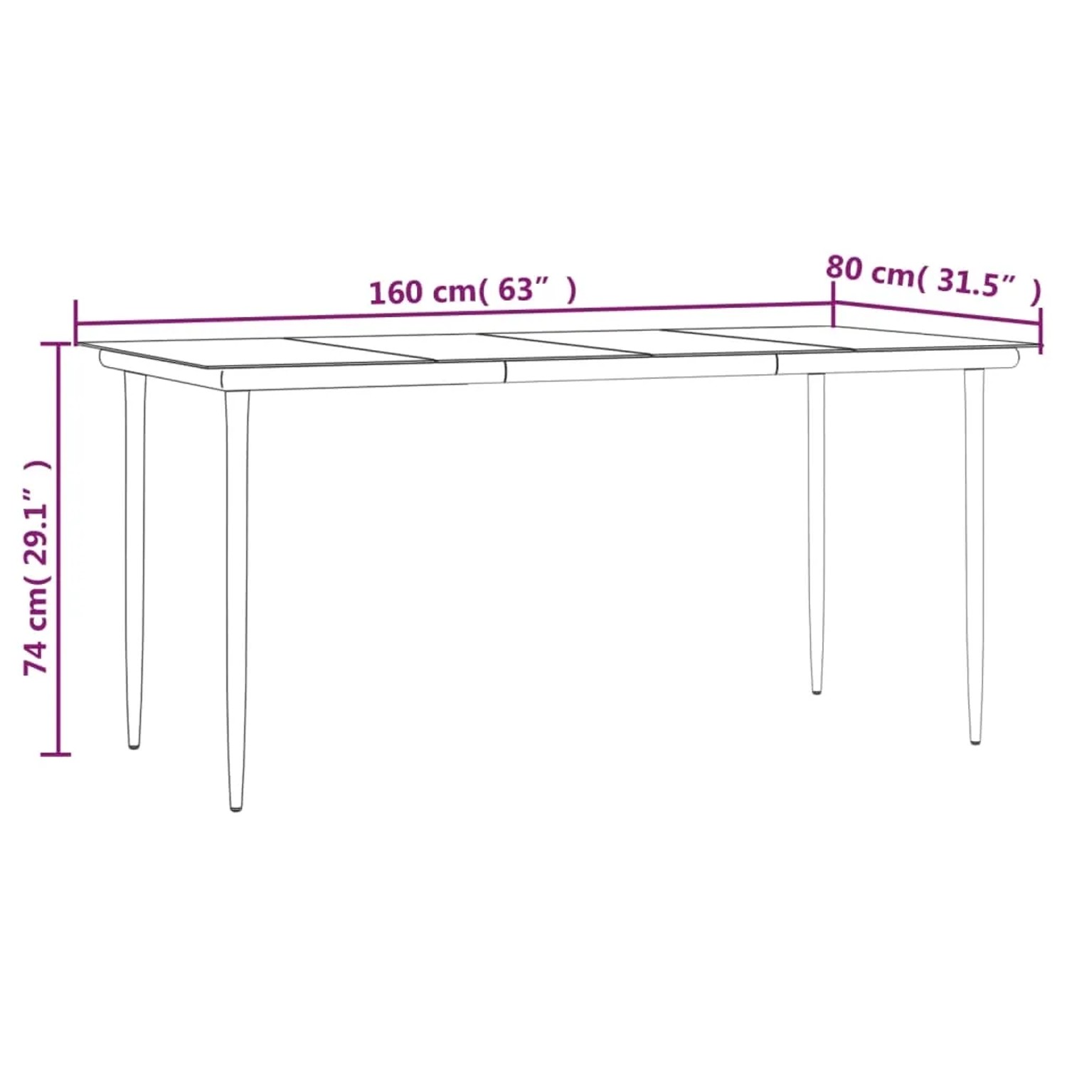 Skizze einer vidaXL Garten-Essgruppe, Tisch mit Maßen 160x80x74 cm.