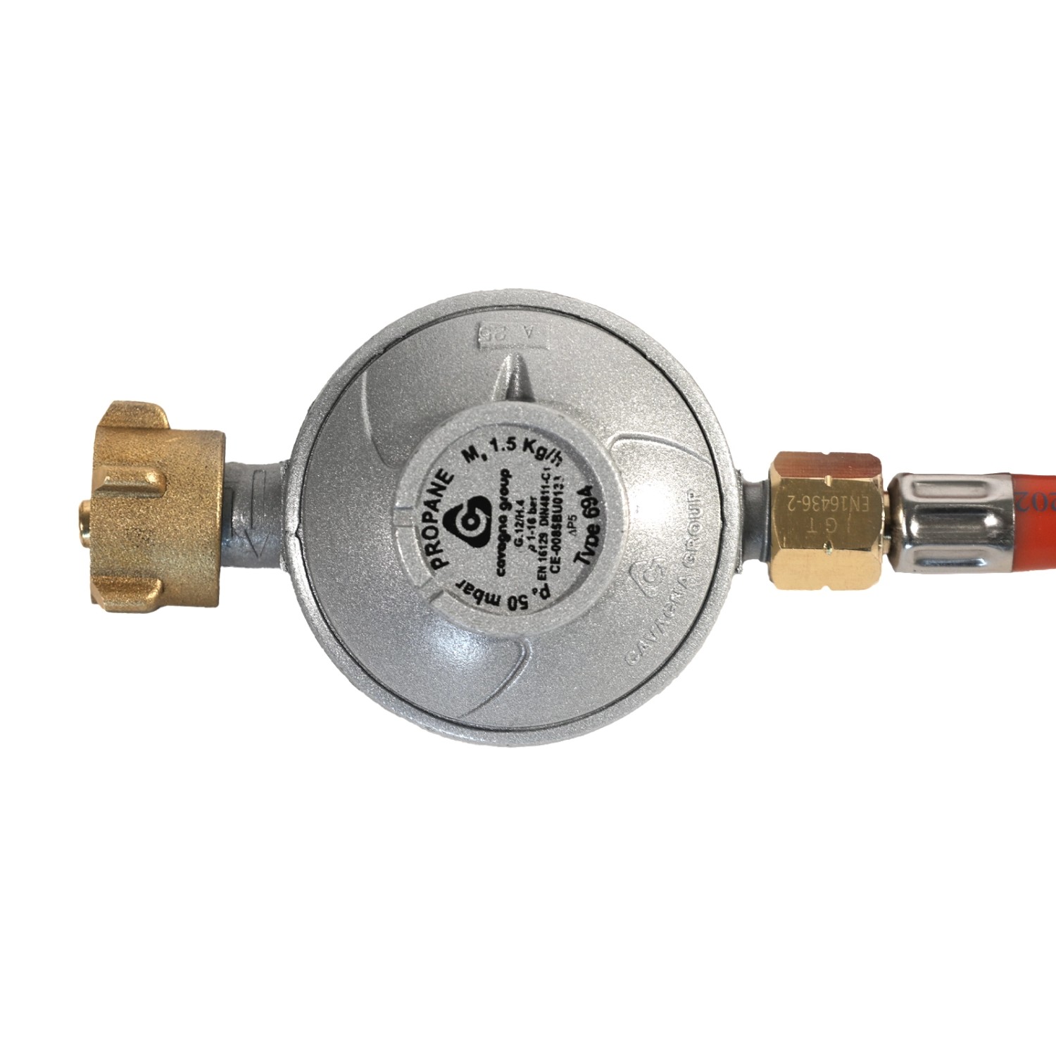 Gasdruckregler für Taino Gasgrill, 50 mbar, mit Schlauch für Gasflaschenanschluss.