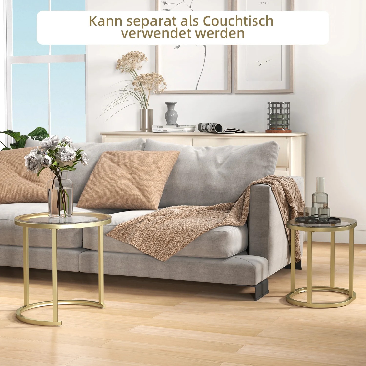 HOMCOM Couchtisch-Set aus Stahl und Glas in Gold, 2er-Set, vor Sofa