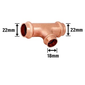 Kupfer Press-Reduzier-T-Stück mit Ø 22 mm und Ø 18 mm für Kupferrohr-Installationen.