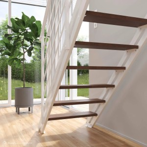 Treppen Intercon Raumspartreppe London Stahlwangentreppe Polar-Weiß mit Stufenbreite 70 cm Buche Dunkel Beidseitiges Geländer 12 Stufen