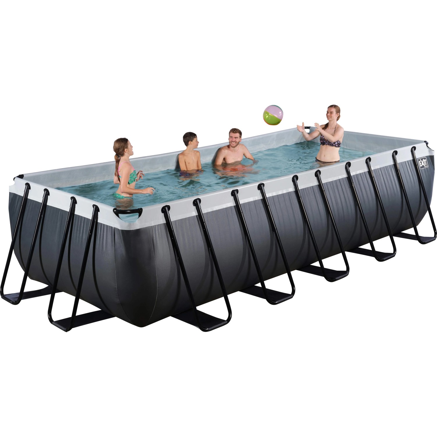 Exit Black Leather Pool: Rechteckiger Stahlrahmenpool mit Personen im Wasser.