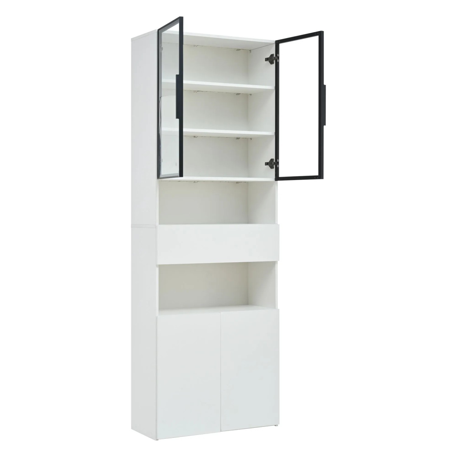 okwish Vitrine mit Glastüren Schubladen LED Beleuchtung Wohnzimmer 70x30x200cm Weiß