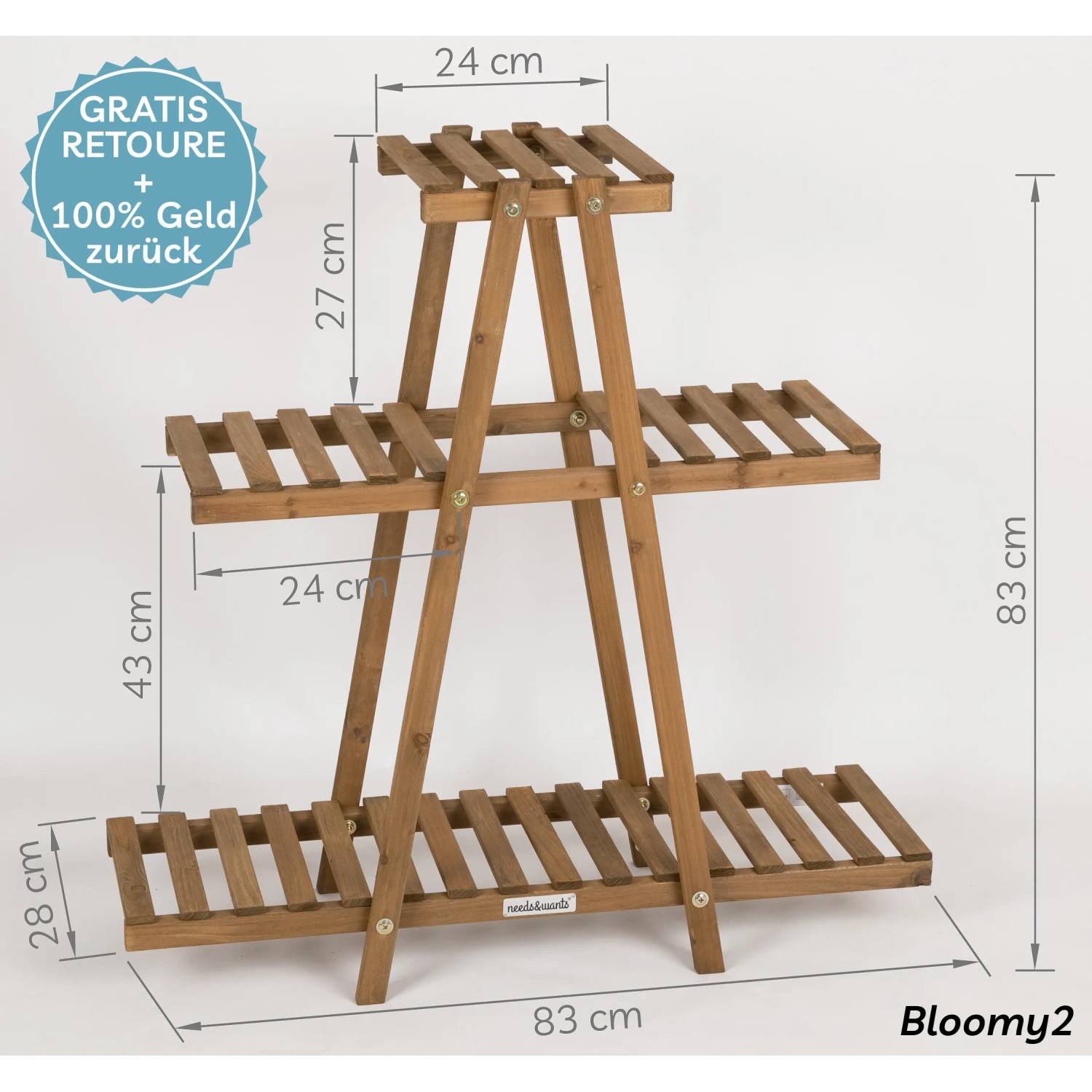 Braunes needs&wants Pflanzenregal Bloomy2 aus Holz mit drei Ebenen für den Innen- und Außenbereich.