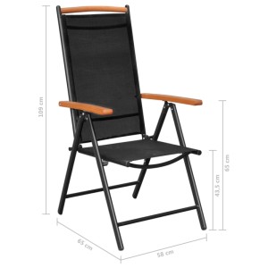 Schwarzer Gartenstuhl aus Aluminium und Textilene mit Holzarmlehnen, Teil der 7-tlg. vidaXL Essgruppe.